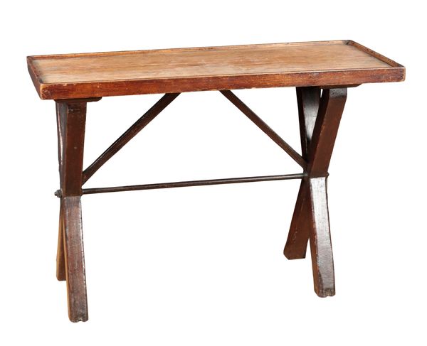 A PINE AND WROUGHT IRON TAVERN TABLE