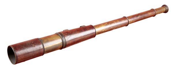 A BRASS AND LEATHER CASED THREE DRAW MILITARY TELESCOPE