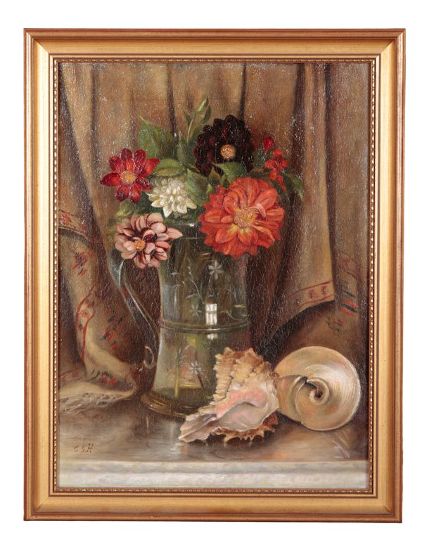 MONOGRAMMIST C.S.H. A still life study of flowers in a glass mug and shells