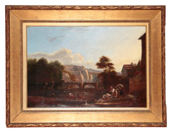 CONTINENTAL SCHOOL, 19TH CENTURY River landscape with figures and horses being led across a ford