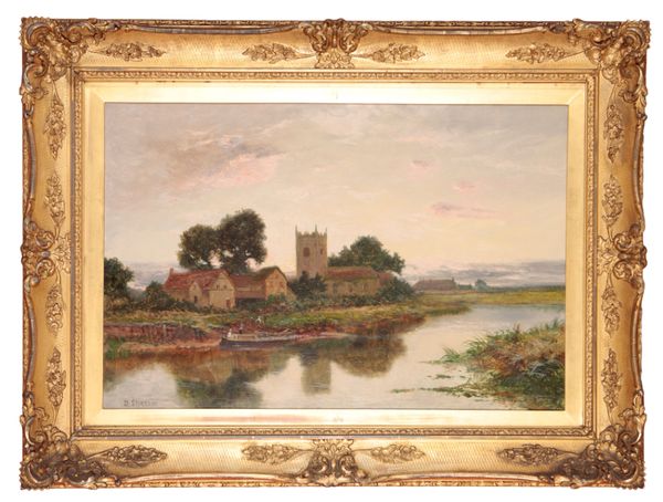 DANIEL SHERRIN (1868-1940) 'Goring-on-Thames' A river landscape with figures on the riverbank and a church beyond