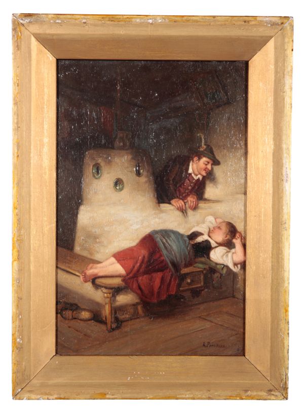 R. PERNHARD (19th Century) A man watching over a sleeping woman in an interior