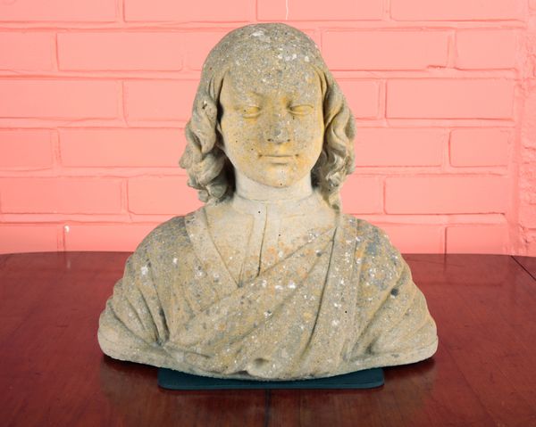 A RECONSTITUTED STONE BUST OF A YOUNG GENTLEMAN