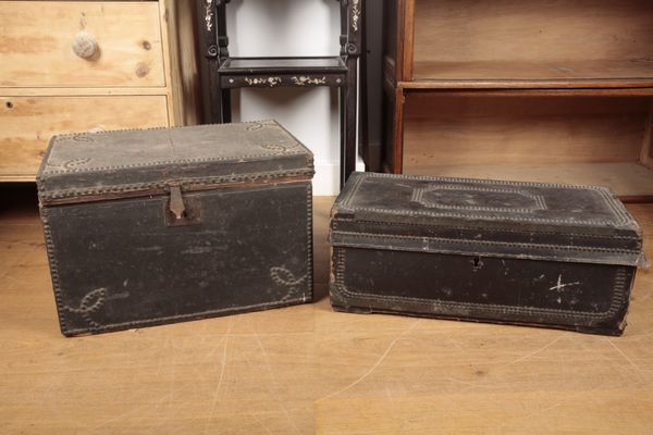 TWO BLACK LEATHER STUDDED CAMPAIGN TRUNKS
