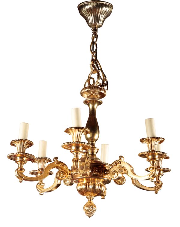 A VICTORIAN STYLE BRASS SIX BRANCH CHANDELIER