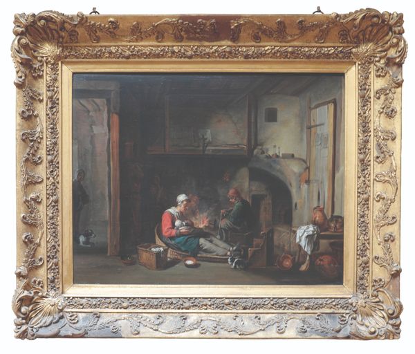 ATTRIBUTED TO LE MAITRE AUX BEGUINS (FRENCH OR FLEMISH act.1650-60) Young boy seated before the fire, a servant lady and a dog by a doorway