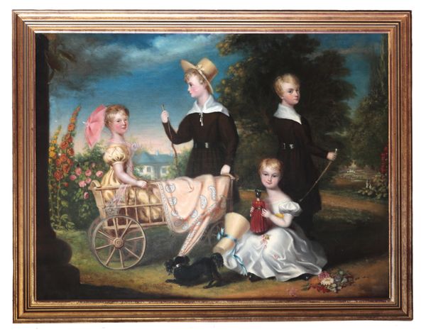 ATTRIBUTED TO RAMSAY RICHARD REINAGLE (1775-1862) The children of Robert Williams with their go-cart in the grounds of Bridehead