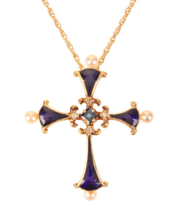 IGOR CARL FABERGÉ: AN EMALLED DIAMOND AND SAPPHIRE CROSS PENDANT NECKLACE