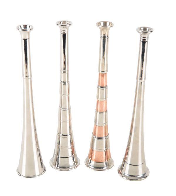 A BANDED COPPER AND NICKEL PLATED HUNTING HORN