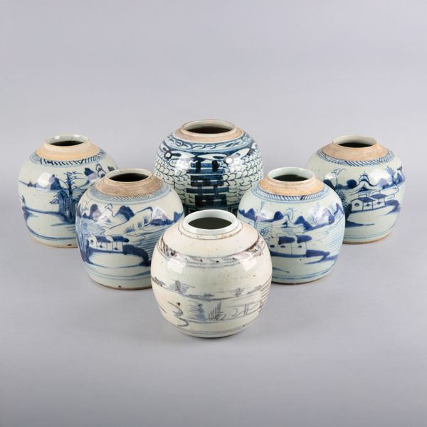 A GROUP OF SIX CHINESE BLUE AND WHITE GINGER JARS