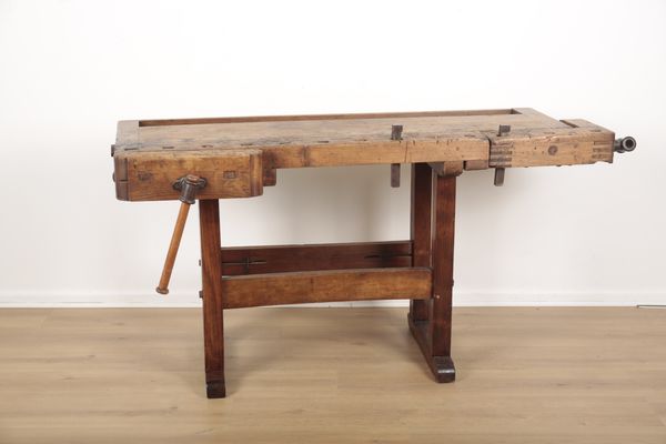 A PINE WORKBENCH WITH VICES