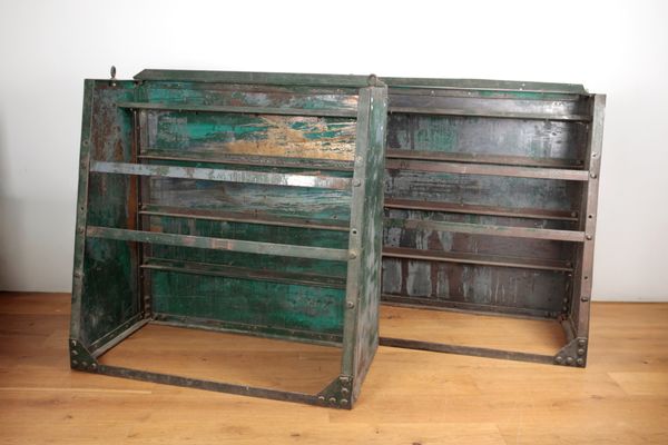 A PAIR OF METAL INDUSTRIAL OPEN SHELVING UNITS