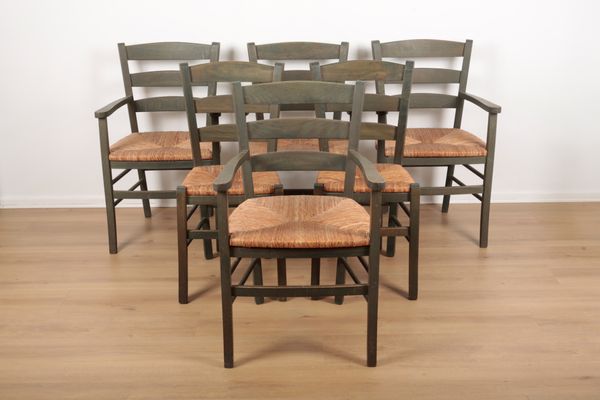 SIX GREEN STAINED PINE DINING CHAIRS WITH WOVEN RUSH SEATS