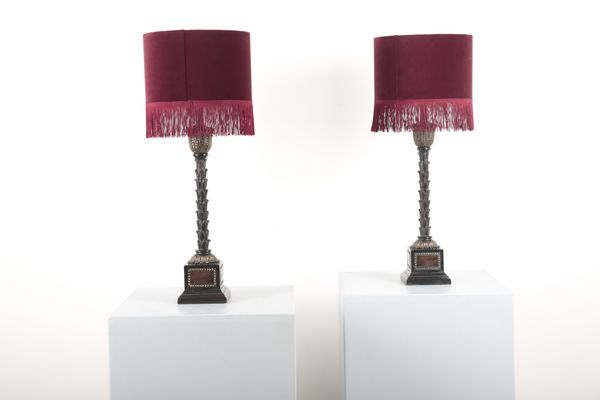 A PAIR OF EBONISED WOOD PALM TREE COLUMN LAMPS