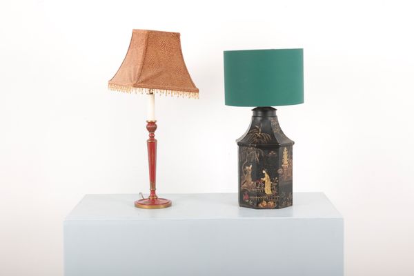 A TOLEWARE TEA CANNISTER LAMP IN CHINOISERIE STYLE