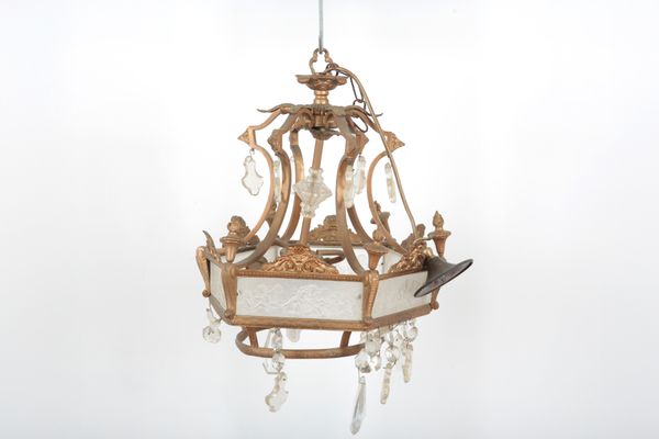 A FRENCH GILT-METAL AND GLASS HANGING LIGHT