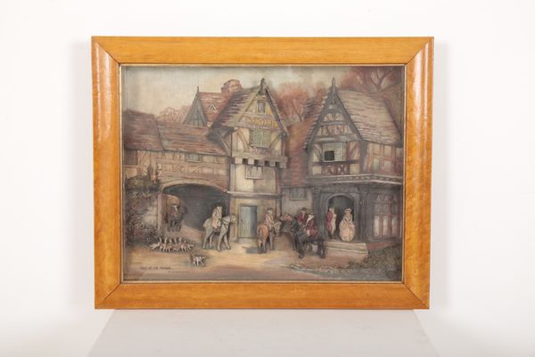 A PAINTED WOODEN DIORAMA OF 'MEET AT THE MANOR'