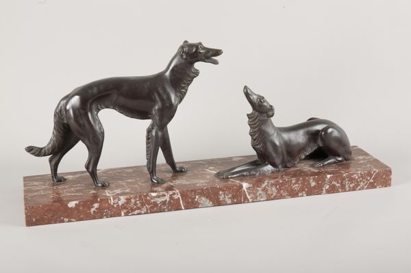 AN ART DECO BRONZE OF TWO BORZOI DOGS