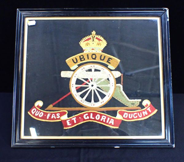 A WWI NEEDLEWORK, THE ROYAL ARTILLERY 'GUNNERS' BADGE, IN GOOD COLOUR