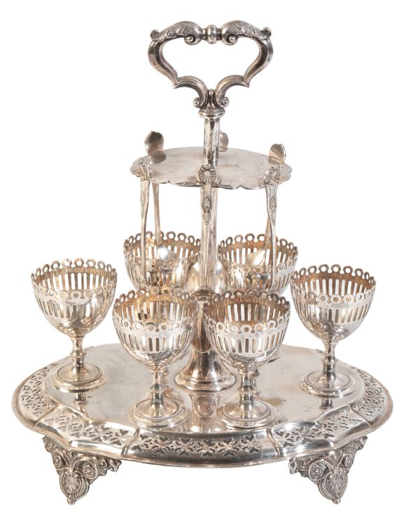 A VICTORIAN SILVER PLATED SIX DIVISION EGG CRUET