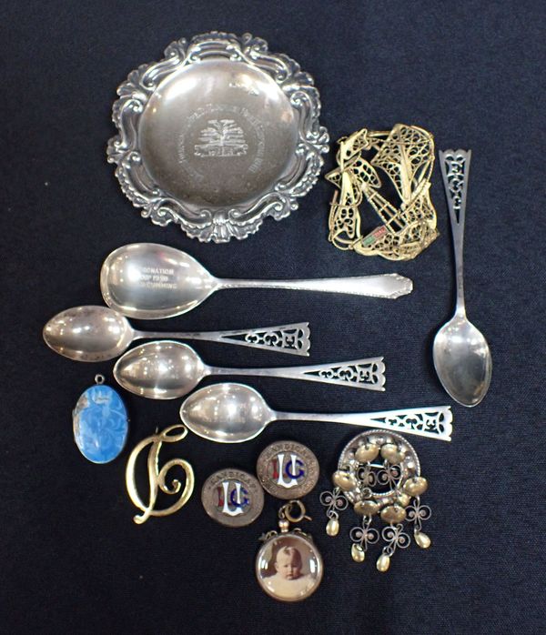 A FEW SILVER SPOONS, A SILVER PIN DISH