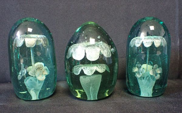 THREE VICTORIAN CASTLEFORD TYPE GLASS DUMPS WITH FLORAL INCLUSIONS