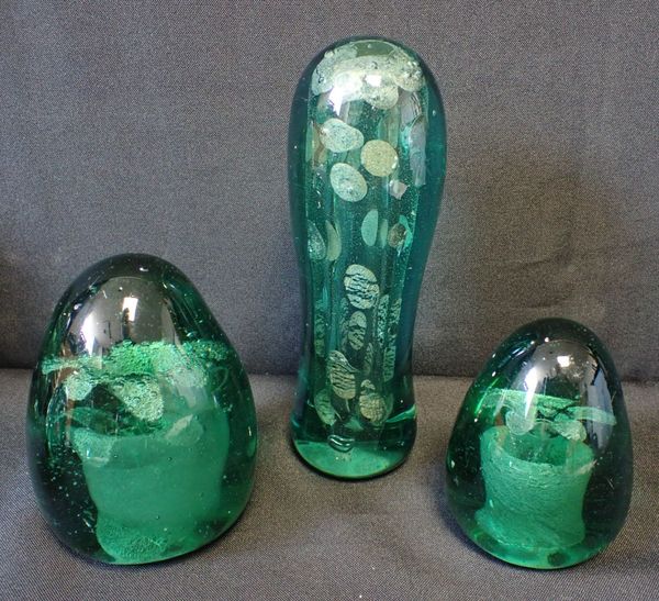 TWO VICTORIAN CASTLEFORD TYPE GLASS DUMPS, WITH FLORAL INCLUSION