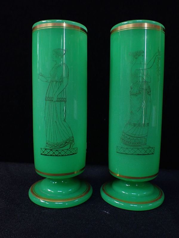 A PAIR OF 'RICHARDSON'S VITRIFIED' GRECIAN REVIVAL GLASS VASES