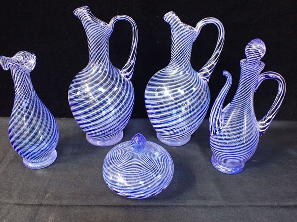 FIVE PIECES OF TURKISH GLASS, BLUE AND WHITE SWIRLED STRIPES