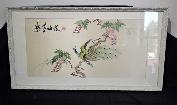 CHINESE EMBROIDERED SILK PANEL, A PEACOCK ON A BRANCH