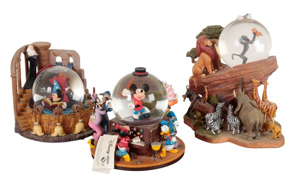 TWO DISNEY STORE RESIN MUSICAL SNOW GLOBES - MICKEY MOUSE AND FANTASIA