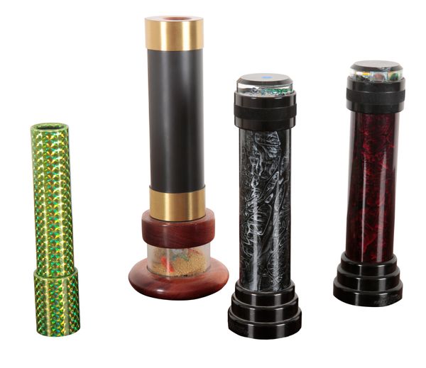 A MODERN HARDWOOD, BRASS AND BLACK METAL CYLINDRICAL KALEIDOSCOPE