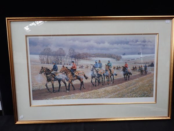 PETER CURLING: A SIGNED  LIMITED EDITION COLOUR PRINT - ON THE GALLOPS AT LAMBOURNE