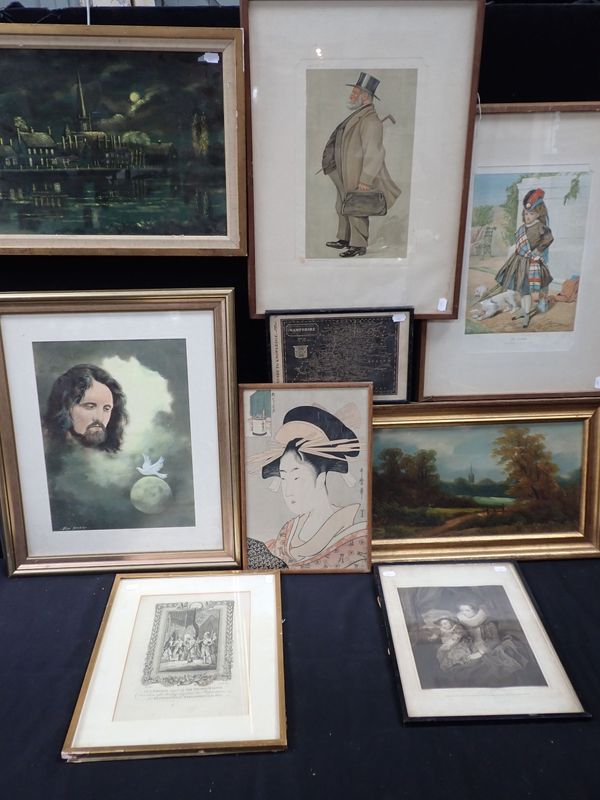 A JAPANESE PRINT OF A WOMAN, AND OTHER  FRAMED PICTURES AND PRINTS