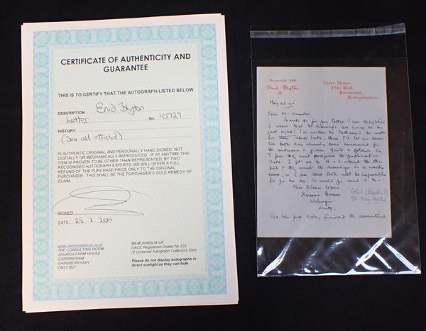 ENID BLYTON HAND WRITTEN LETTER WITH CERTIFICATE OF AUTHENTICITY