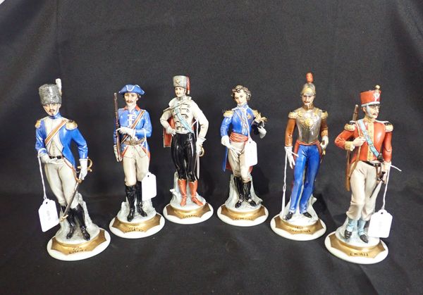 A SET OF SIX CAPO DI MONTE PORCELAIN MILITARY FIGURES