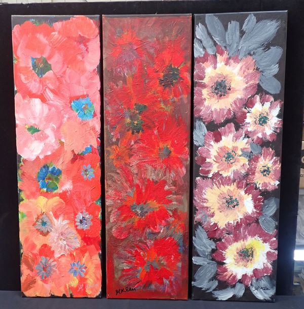 H. KEEN: THREE MODERN OIL ON CANVAS FLORAL PAINTINGS