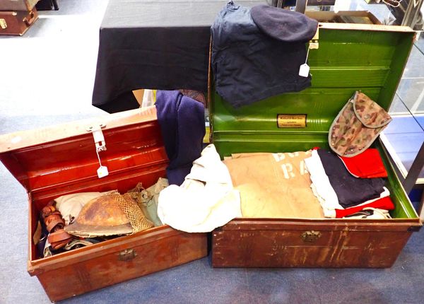 A COLLECTION OF MILITARIA IN TWO TIN TRUNKS