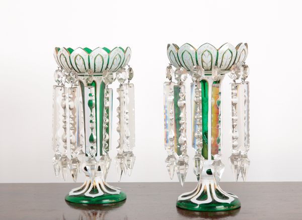 A PAIR OF 19TH CENTURY BOHEMIAN WHITE AND GREEN FLASHED GLASS TABLE LUSTRES