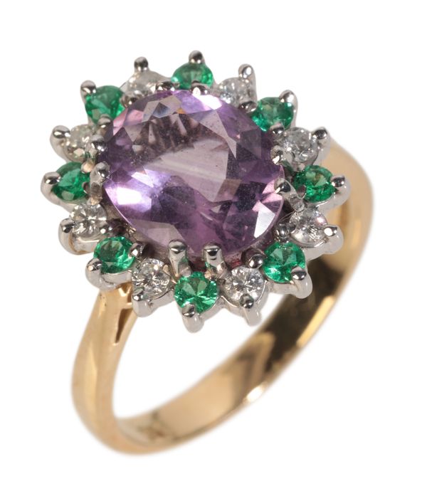 AN 18CT GOLD AMETHYST, EMERALD AND DIAMOND CLUSTER RING