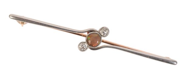 A 15CT GOLD OPAL AND DIAMOND BAR BROOCH