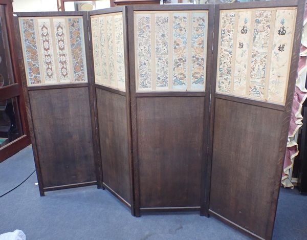 AN OAK FOUR-PANEL SCREEN, WITH CHINESE SILK PIECES