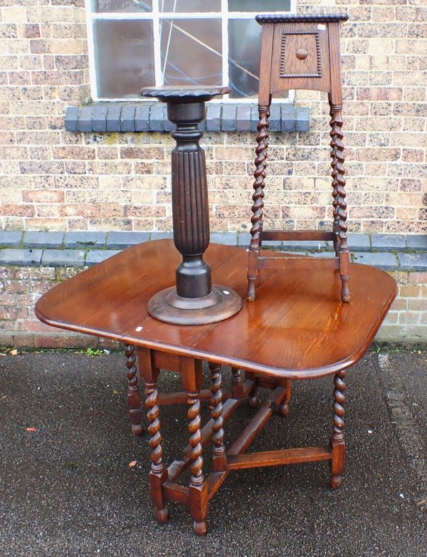 A 1920S OAK JARDINIERE STAND, AN OAK DROP LEAF TABLE