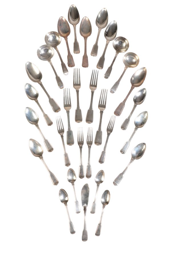 A COMPOSITE CANTEEN OF GEORGE III AND LATER SILVER FIDDLE AND THREAD PATTERN FLATWARE