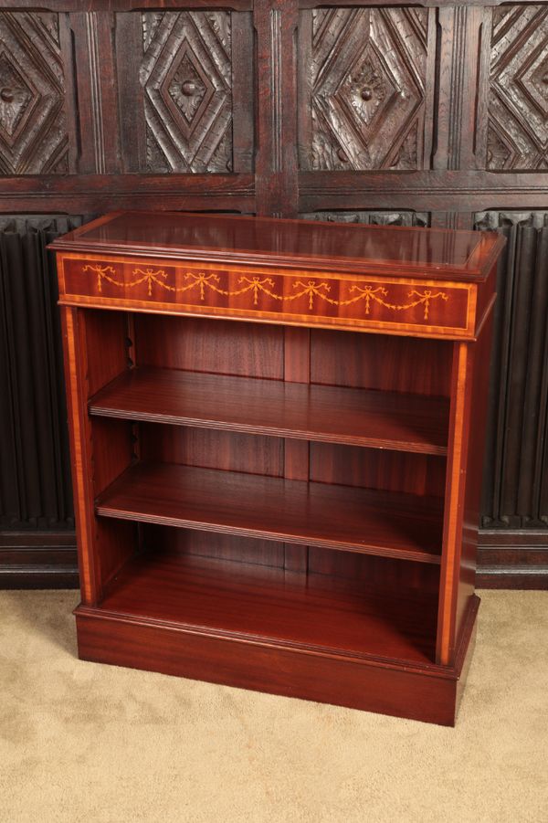 A GEORGE III STYLE MAHOGANY AND MARQUETRY OPEN BOOKCASE