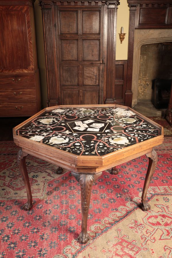 AN IMPORTANT GEORGE II WALNUT AND SCAGLIOLA GAMING TABLE