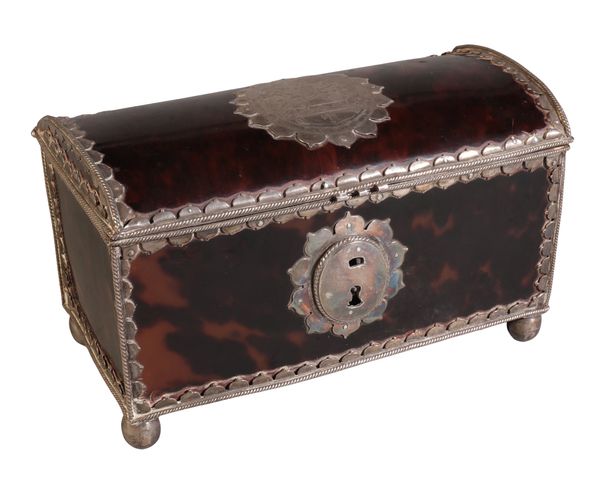 A CHARLES I TORTOISESHELL AND SILVER-MOUNTED JEWEL CASKET