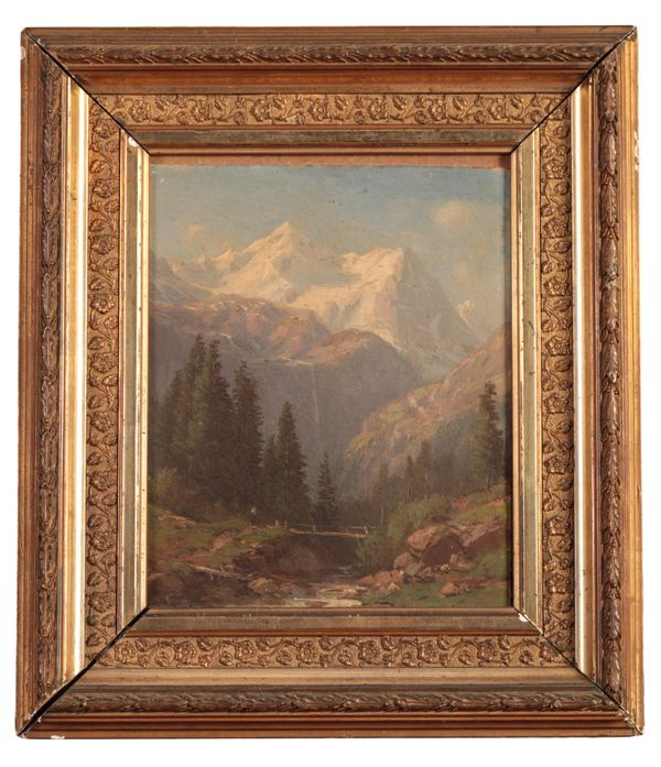 ENGLISH SCHOOL, 19th century  An alpine landscape with a figure and a bridge