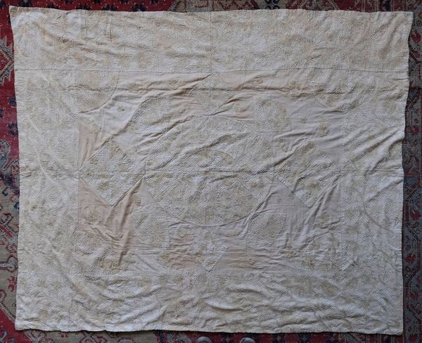 A QUEEN ANNE CREAM SILK AND NEEDLEWORK BEDSPREAD