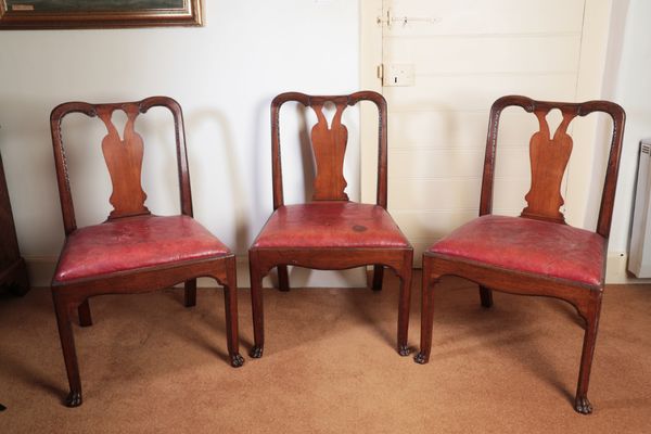 A SET OF THREE GEORGE II ANGLO-CHINESE PADOUK DINING CHAIRS